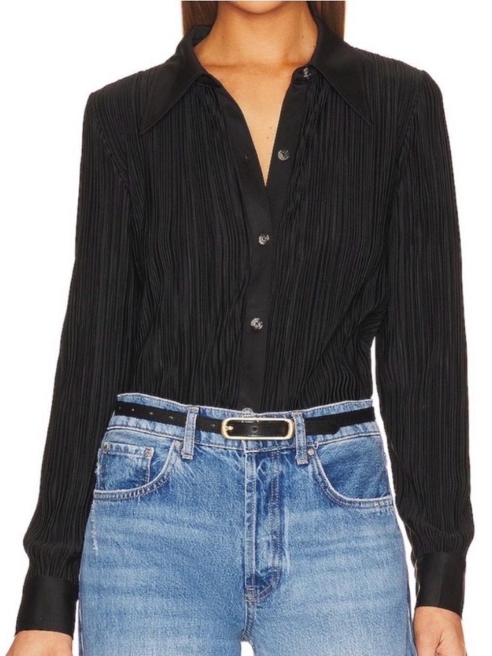 Anine Bing Nuri Plisse Pleated Button-Up Top, small